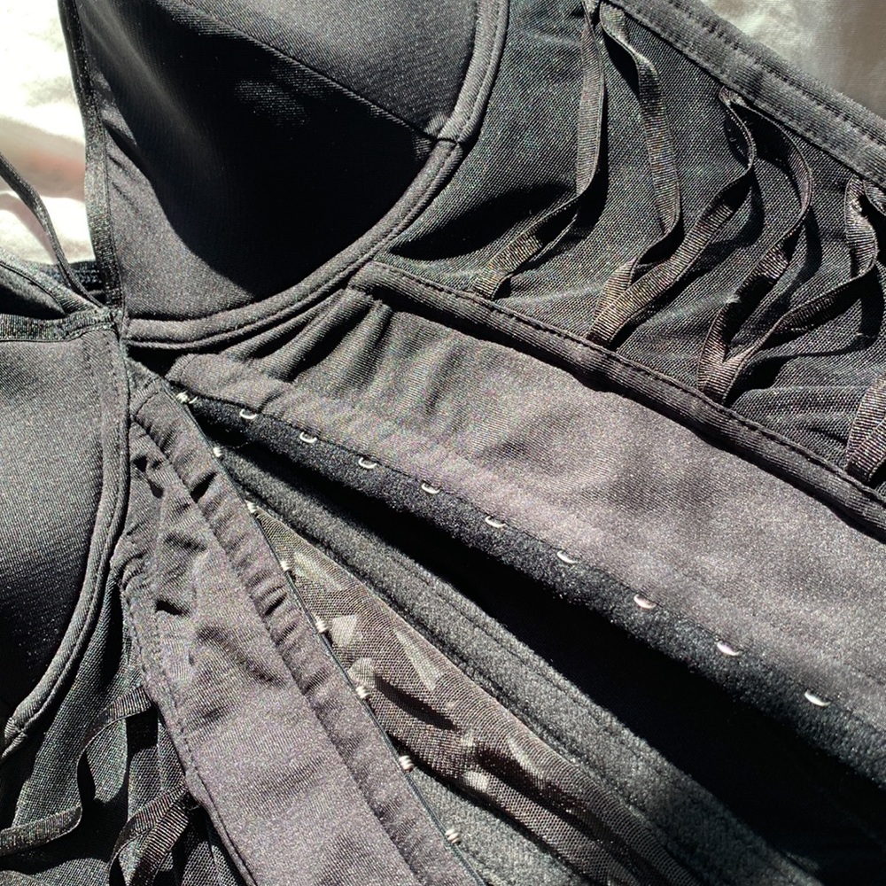 Vintage 90's black push up underwire lace up boned corset bustier top L - Picture 9 of 15